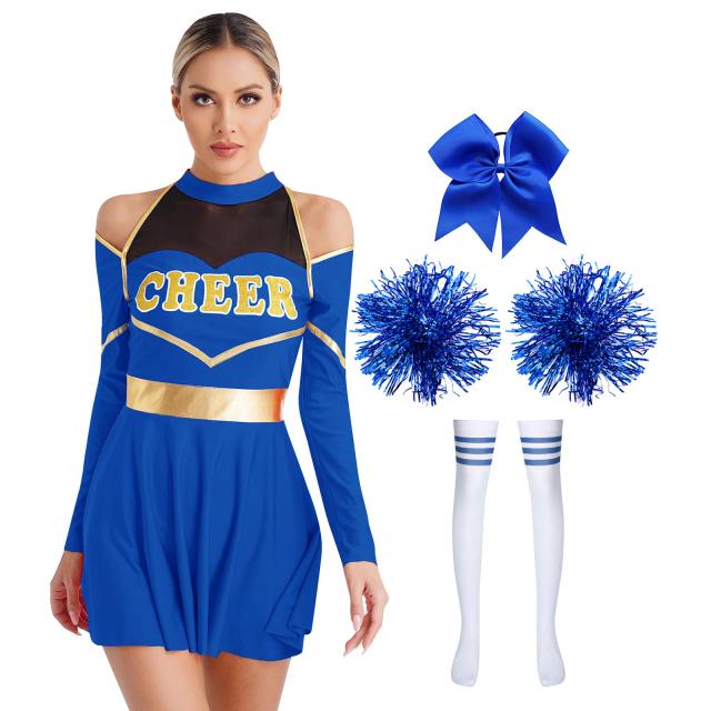 Vestido de Dança de Torcida Feminino com Manga Comprida e Pompons, Fantasia de Halloween para Líderes de Torcida e Meias para Escolares
