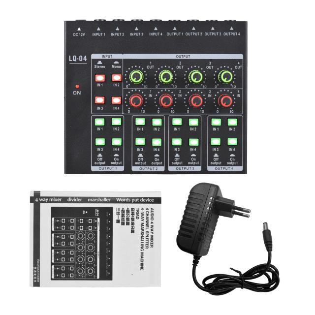Misturador de Áudio Estéreo Portátil com Amplificador de Fones de Ouvido e Controle de Volume Ajustável para Guitarra, TV, Celular e Estúdio de Gravação com 4 Canais