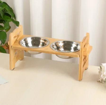 Alimentador Ajustável de Aço Inoxidável para Animais de Estimação com Suporte de Bambu e Tigelas Inclinadas