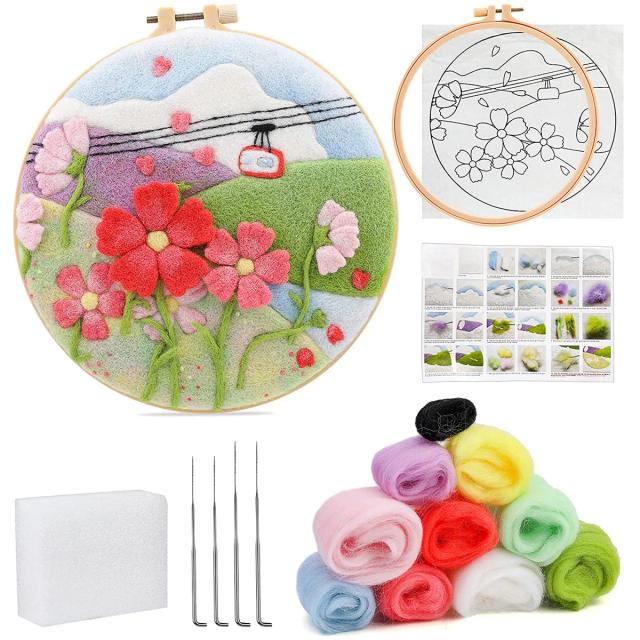 Kit de Pintura em Lã com Feltro - Crie Flores e Artesanato em Casa com Agulhas de Bordado DIY