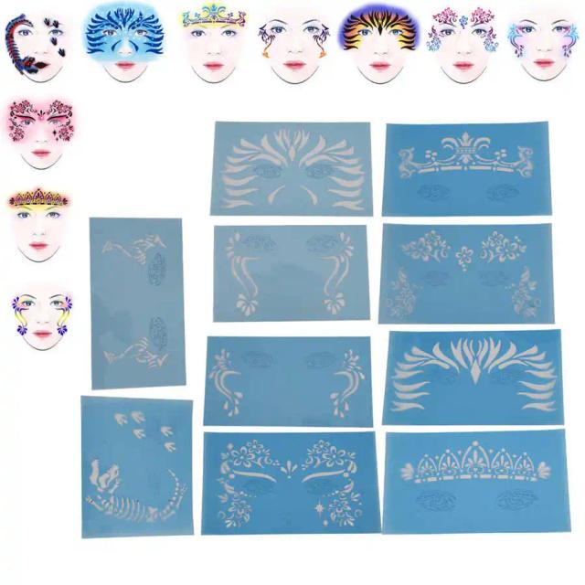 Kit Compacto de Estêncil de Pintura Facial Reutilizável para Mulheres - 10 Folhas de Padrões Exclusivos para Maquiagem em Festas