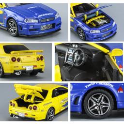 Carro de brinquedo Nissan GTR34 Skyline GTR para crianças, Diecast Racing, modelo em miniatura, som e luz, coleção Pull Back, presente para menino, 1:32 - Image 5