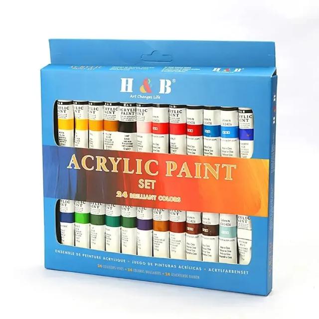 Tintas Acrílicas de Alta Qualidade em Tubo de Alumínio, 24 Cores de 12ml para Arte e Material Escolar em Papel de Lona