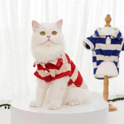 Pulôver respirável de duas pernas para animais, camiseta de lapela para cães pequenos e gatos, roupa listrada elegante para animais, camisa de cachorro 1pc - Image 1