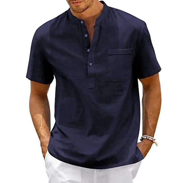 Camisa Henley Masculina de Linho Algodão - Casual Praia Vintage Streetwear