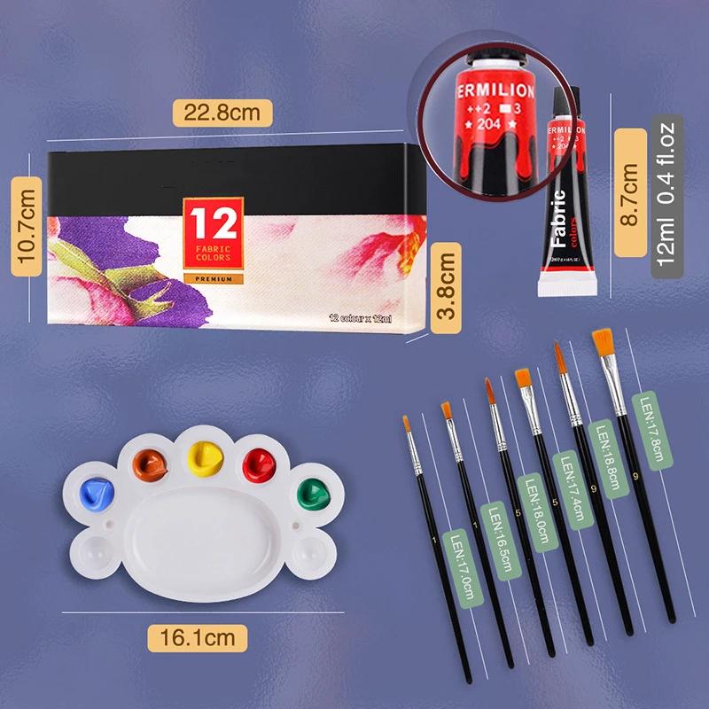 Conjunto de tinta de tecido para roupas, 6 pincéis, 1 paleta, têxtil permanente, kit de pintura inchada para sapatos, lona, 12 cores, 24 cores - Image 1
