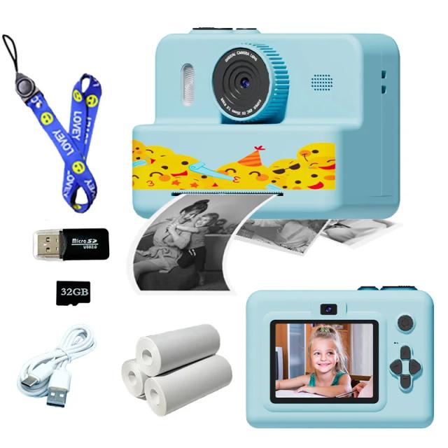 Câmera Infantil de Impressão Instantânea Digital HD 2.8" Lente Dupla Brinquedo Portátil com 3 Rolos Papel Impressão