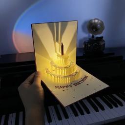 Cartão de aniversário com música leve 3D, bolo pop up, cartão criativo, festa de feliz aniversário, presente, cartões de mensagem - Image 4