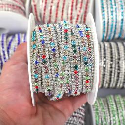 Vidro colorido Strass Cadeia para Decoração de Vestuário, Sliver Claw, Gold Base On Rhinestone, Cadeia Cup, 3 linhas, 1 jarda - Image 6