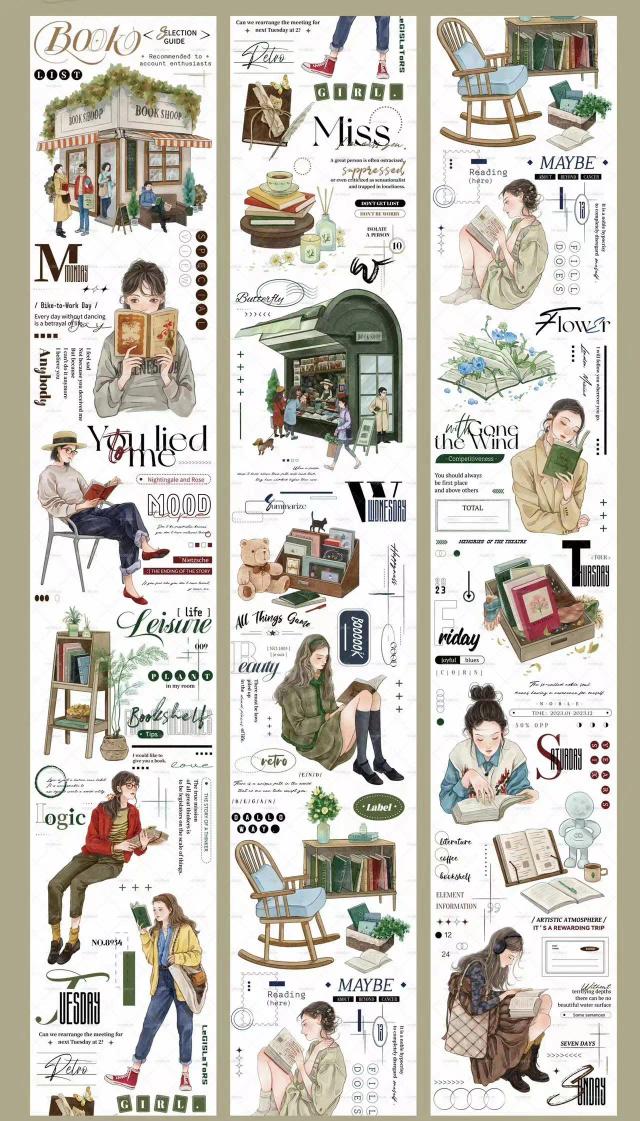 Fita Washi Vintage para Leitura e Scrapbooking - Adesivo Decorativo Menina do Café para Planejadores e Cartões DIY