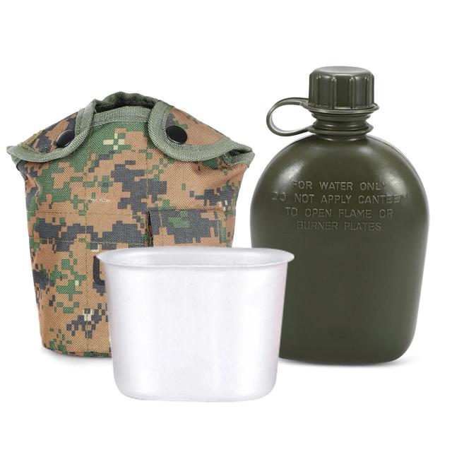 Garrafa Tática para Água e Chaleira Cantina com Conjunto de Copos para Camping e Sobrevivência em Mochilas