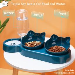 Alimentador triplo para animais de estimação, tigelas duplas 2 em 1 com garrafa automática, design inclinado e giratório para gatos e cães - Image 1