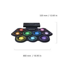 Roll Up kit de bateria com baquetas sustentar pedal, alto-falante embutido, conjunto de bateria eletrônica para crianças, 9 almofadas - Image 6