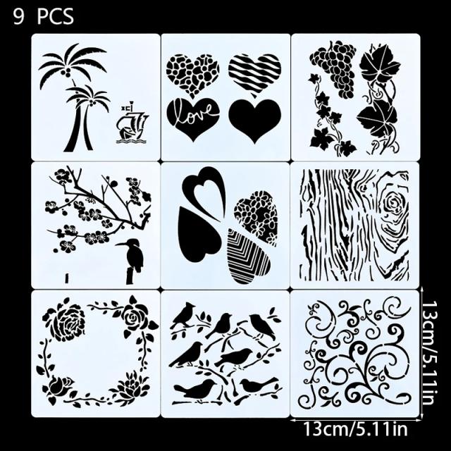 Estêncil Floral para Pintura e Artesanato - 9 Peças para DIY, Scrapbook e Decoração