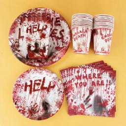 Louça descartável do horror, placas de papel ensanguentado, copos de guardanapos, decoração da festa do feliz halloween - Image 4