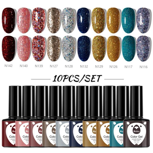 Conjunto de 10 Gel de Glitter Rosa Brilhante Soak Off para Unhas LED UV - Ideal para Manicure DIY no Outono