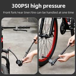 Bomba de alta pressão para bicicleta mtb, 300psi, com medidor, inflador de ar manual, mangueira rotativa de 360 ​​graus com garfo, pneu de suspensão traseira - Image 3