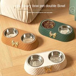 Suprimentos para animais de estimação gravata borboleta tigela de comida para gatos base pp tigela para cães de aço inoxidável dupla camada acessórios para animais de estimação alimentação e beber arco duplo - Image 2