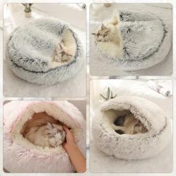 Almofada de pelúcia redonda para animais de estimação, cesta quente, saco de dormir, ninho de gato, canil, casinha, inverno, 2 em 1 - Image 2