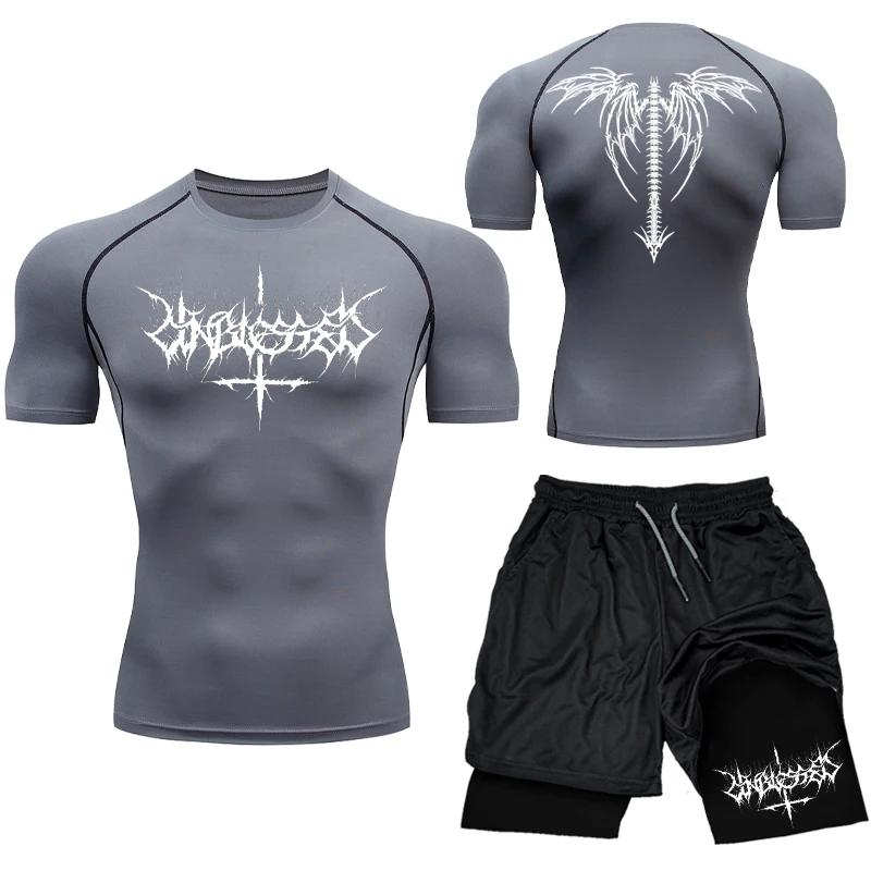 Terno Rashguard respirável masculino, Conjunto de Compressão Impresso Top de Ginásio de Manga Curta Shorts de Treino Secagem Rápida Atletismo Atlético Y2K - Image 1