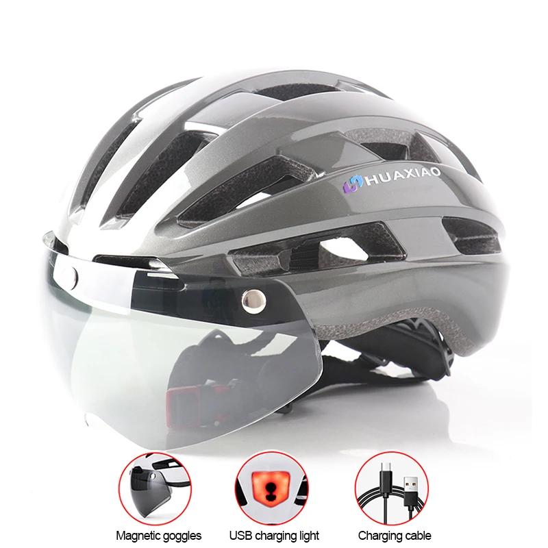 Capacete de bicicleta masculino feminino óculos de sucção magnética capacete de bicicleta com luz traseira recarregável usb capacete de ciclismo moldado integralmente - Image 1