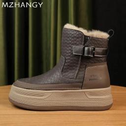 Plataforma feminina pele neve tornozelo botas apartamentos de couro curto pelúcia sapatos de algodão tendência moda tênis quente novo aconchegante mujer goth botas - Image 2