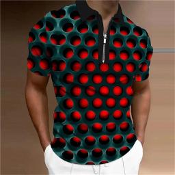 Verão gola masculina camisa polo golfe ilusão óptica impressão 3d rua manga curta zíper imprimir roupas designer respirável - Image 1