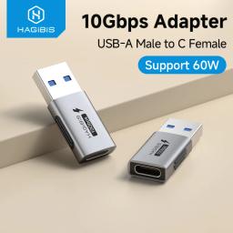 Hagibis usb a macho para usb c fêmea adaptador 10gbps transferência de dados de alta velocidade 60w carregamento rápido conventer plug para macbook tablet - Image 1
