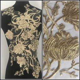 Golden Embroidery Lace Patches, Vestido de Tecido Applique, Roupas Patch Adesivos, T-shirt DIY Decoração, 54cm x 32cm - Image 1