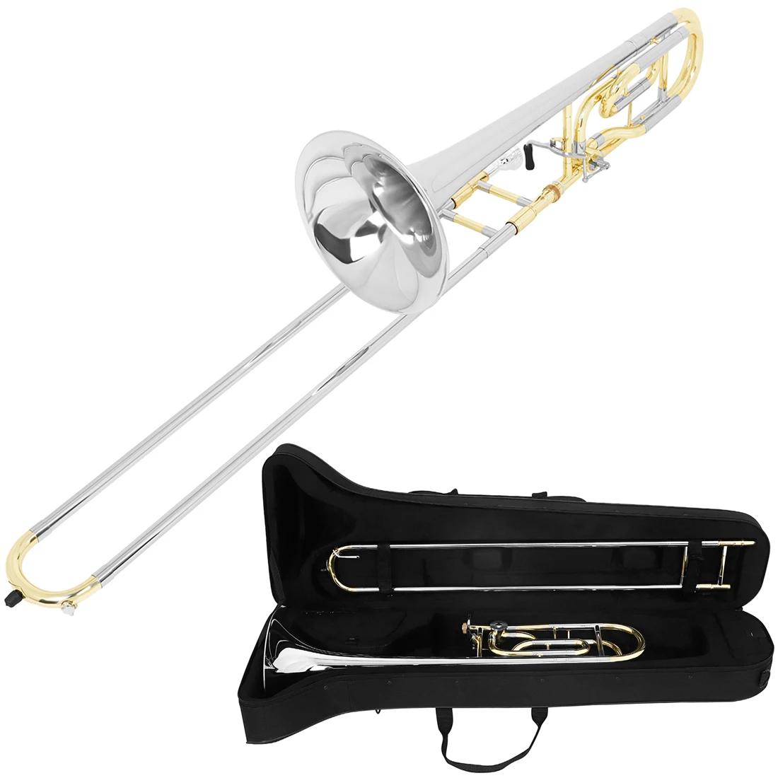 Instrumento de latão profissional com caixa, Trombone plano Tenor B, Chifre dourado e prateado, Pano de limpeza, Acessórios musicais - Image 1