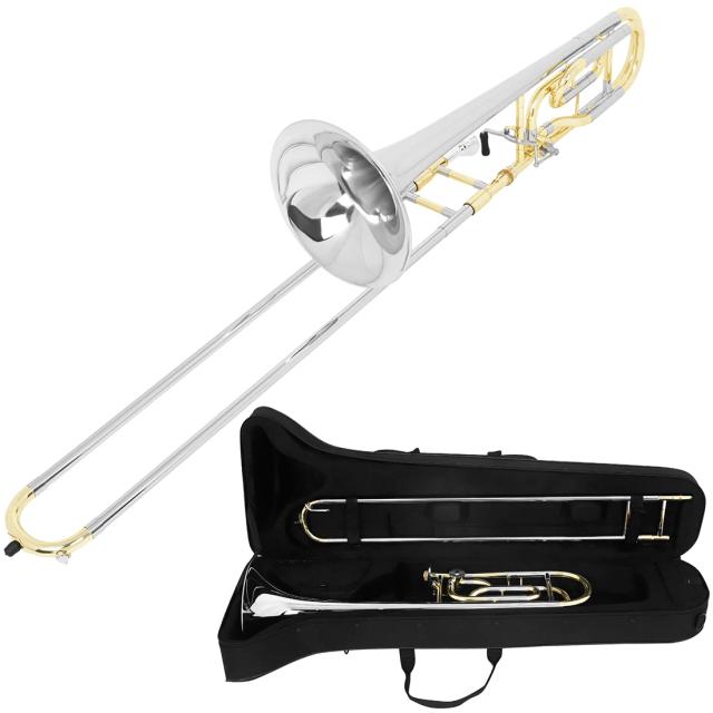 Trombone Tenor B Profissional de Latão com Caixa Dourada e Prateada e Acessórios Inclusos