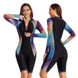 Fato de surf de peça única feminino, manga comprida, estampado bonito, esportes aquáticos, protetor solar, praia, nadar, lancha, roupas de surf, moda - Image 1