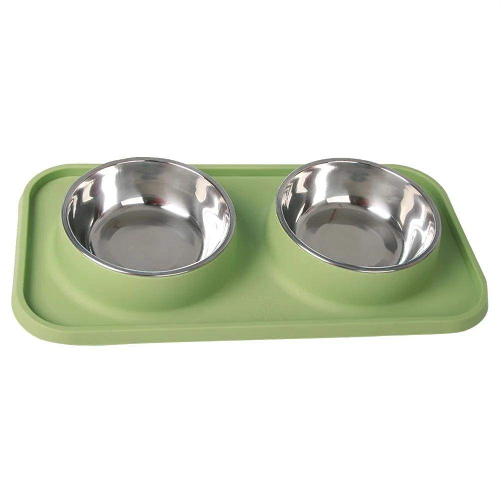 Tigela dupla para cães com esteira de Silicone Tigela antiderrapante para gatos Alimentador de água de aço inoxidável Alimentação para animais de estimação Tigelas para cães e gatos - Image 1