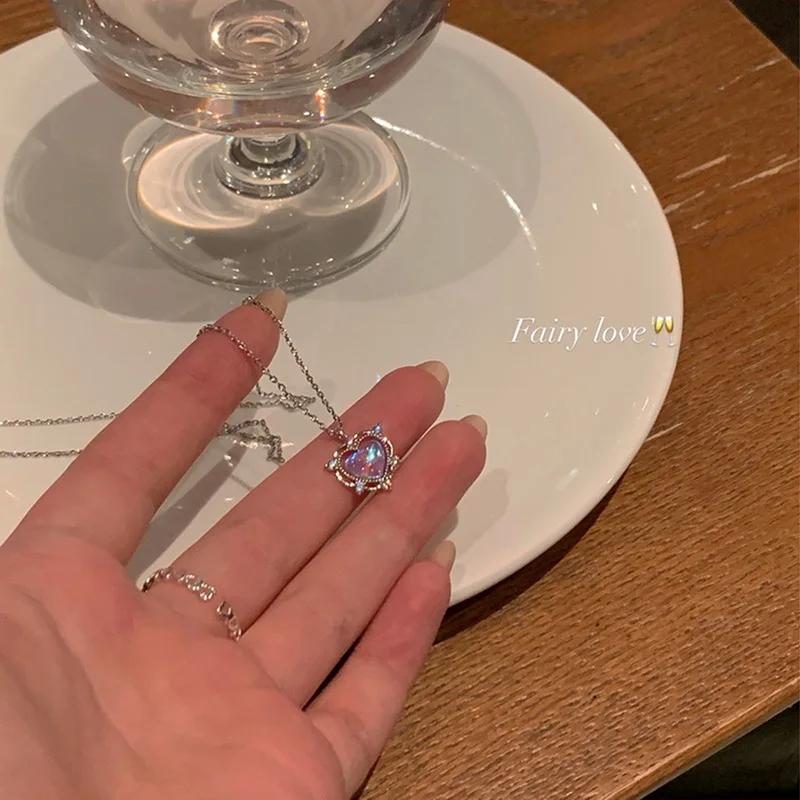 Colar pingente de coração de cristal zircão para mulheres Y2K Pink Heart, elegante corrente de clavícula feminina, joalheria, moda coreana - Image 1