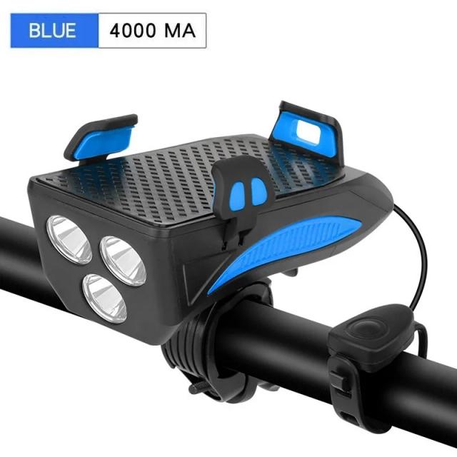 Kit Multifuncional 4 em 1 para Bicicleta: Luz Frontal, Lanterna, Buzina e Suporte para Telefone com Banco de Potência