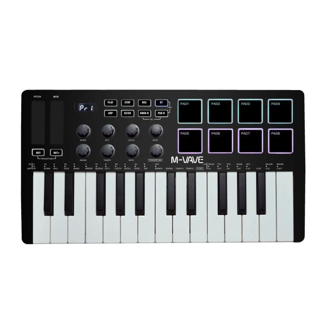 Controle MIDI USB M-VAVE 25 Teclas com 8 Pads Drum RGB, Bluetooth e Iluminação de Fundo, Inclui Conector para Pedal 6.35mm