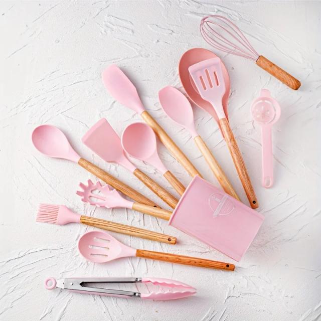 Conjunto de 14 Utensílios de Silicone com Suporte Plástico para Cozinha