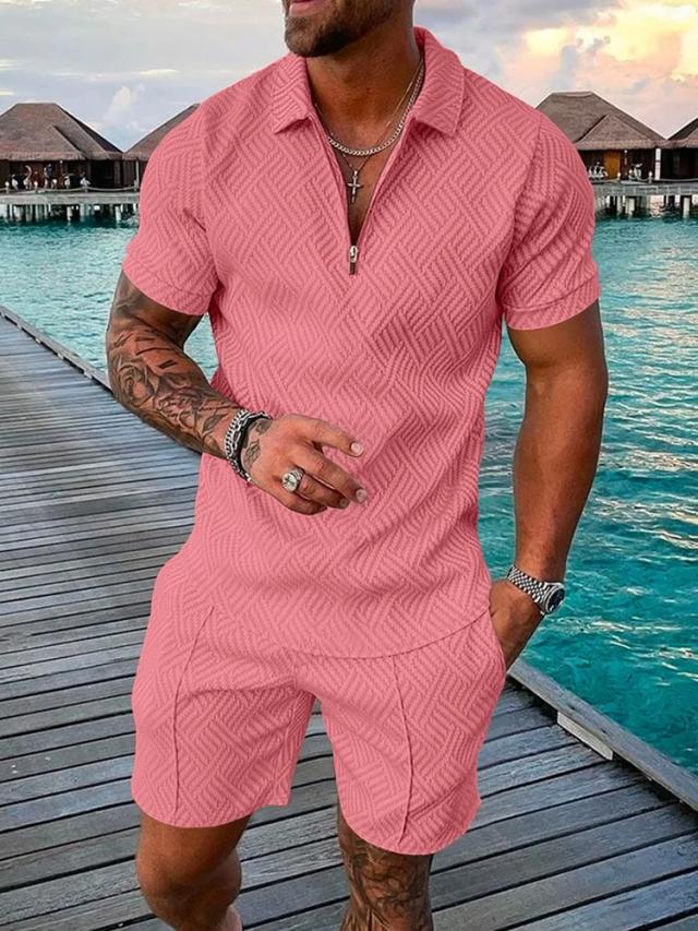 Conjunto Masculino de Camisa Polo e Shorts Monocromático em Impressão 3D - Agasalho com Zíper e Camiseta Extragrande para o Verão
