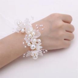 Headband e flor de pulso para crianças, pérola cristal Corsage, dama de honra mão flores, casamento, noiva bonita, acessórios do casamento - Image 3