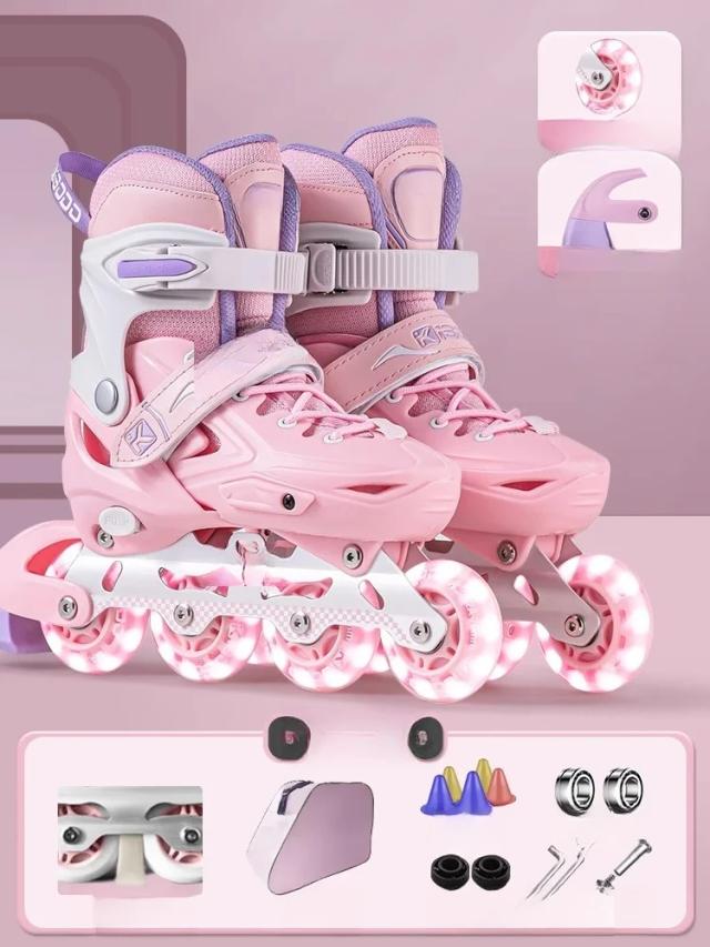 Conjunto de Patins Inline Unisex com 4 Rodas Brilhantes, Inclui Almofadas de Joelho e Cotovelo, e Capacete - Ideal para Adultos Iniciantes na Patinação ao Ar Livre