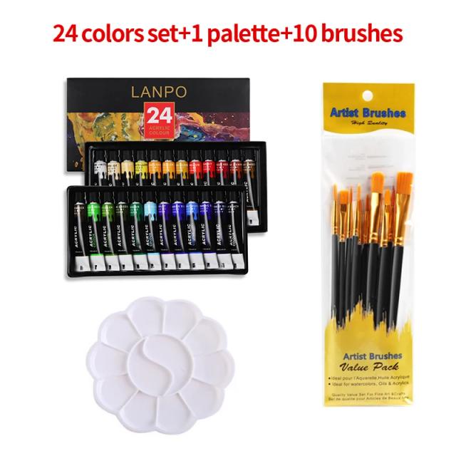 Conjunto Completo de Tintas Acrílicas e Aquarelas LANPO - 24 Cores em Tubos de 12ml para Artistas e Pintores