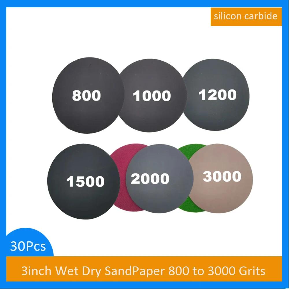30 peças 3 Polegada molhado e seco gancho e laço kit de lixa à prova d' água carboneto de silício 800 - 3000 grãos para lixar moagem automotiva - Image 1