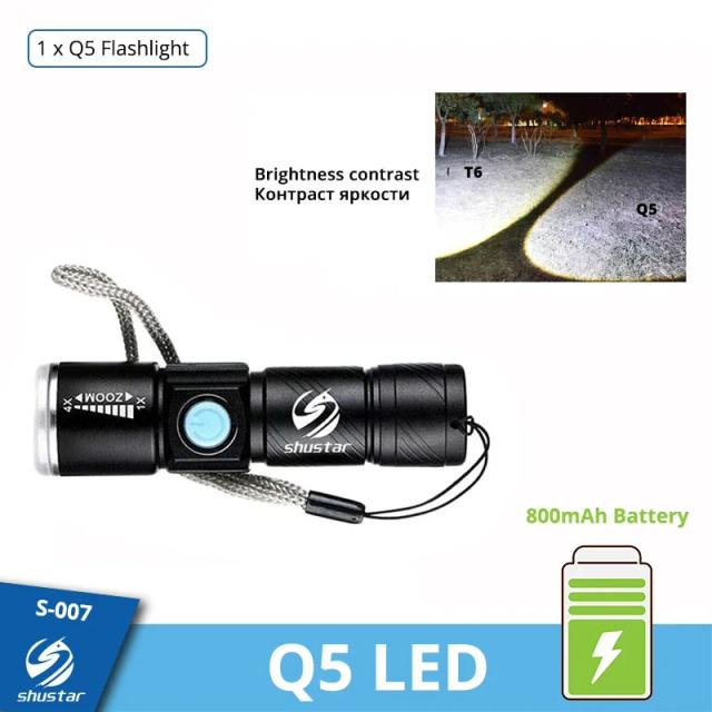 Lanterna LED Potente com Carregamento USB, Impermeável, Portátil e Zoom, 3 Modos de Iluminação