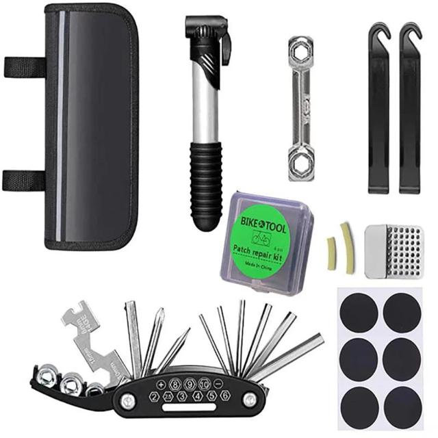 Conjunto Multi Ferramentas para Bicicleta com Saco de Armazenamento - Inclui Bomba de Pneu, Chave Multifuncional e Acessórios Portáteis para Manutenção de Bike de Estrada e MTB