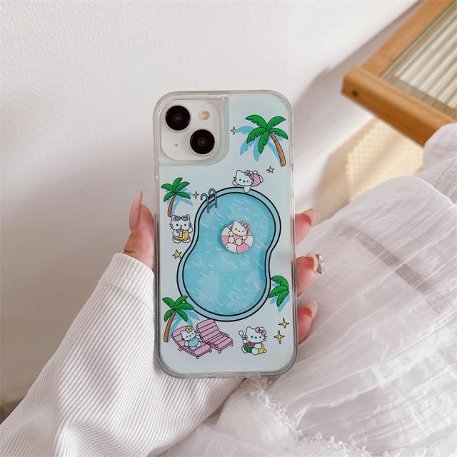 Capa de Silicone Hello Kitty para iPhone com Efeito de Água Fluindo e Design Criativo para Modelos 11 a 15 Pro Max