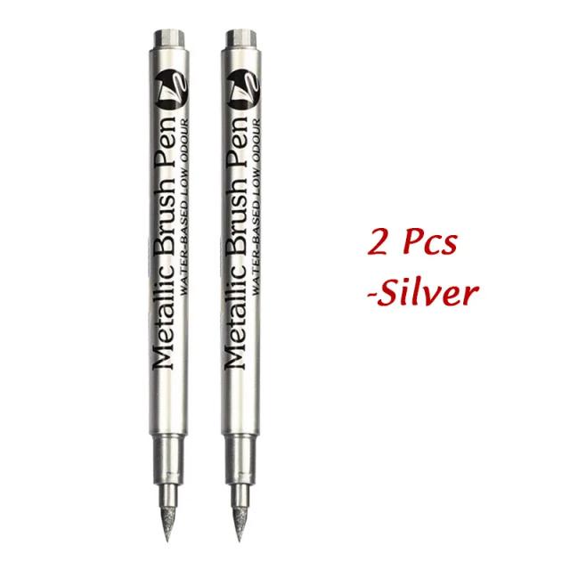 Escovas de Canetas Marcadoras Metálicas Ouro e Prata para Artesanato e Scrapbooking