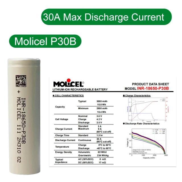 Molicel P30B INR 18650 3000mAh 30A Bateria Recarregável