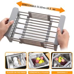 Escorredor De Prato De Aço Inoxidável Ajustável, Sink Drain Rack, Frutas e Vegetais Drain Basket, Cozinha Extensível Secagem Rack, 1Pc - Image 3