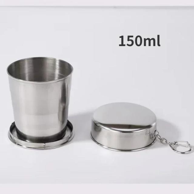 Copo Dobrável de Aço Inoxidável e Utensílios de Acampamento Retráteis em Vários Tamanhos: 75 ml, 150 ml e 250 ml