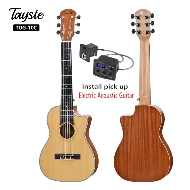 Guitalele de 30 polegadas: Mini guitarra elétrica com corpo de Spruce, ideal para viagem e versátil como guitarra acústica ou cavaquinho.